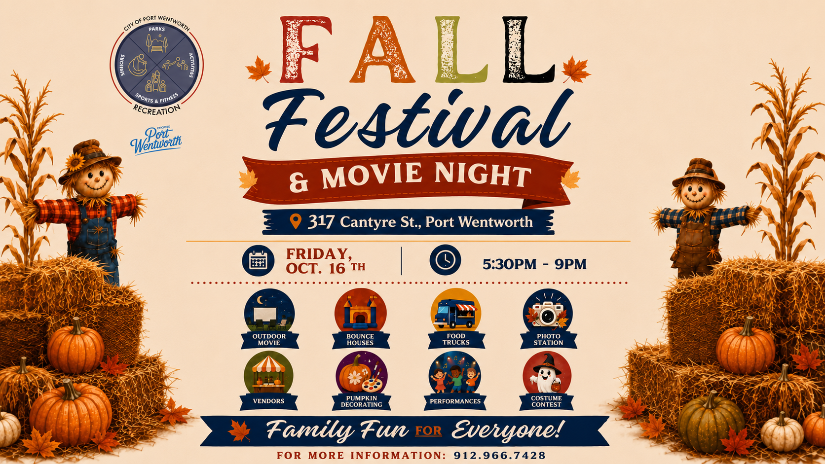 Port Wentworth Fall Festival and Movie Night flyer, Friday October 16, 5:30 to 9 p.m. at 317 Cantyre St.